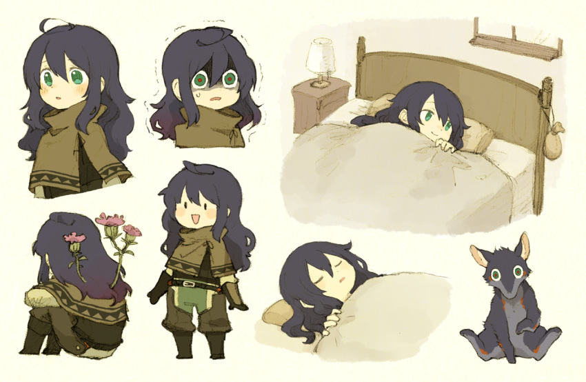 1boy androgynous bed black_hair closed_eyes creature green_eyes lamp long_hair maniani monster_boy original shaded_face shawl simple_background sitting sleeping sweatdrop thistle under_covers window |_|