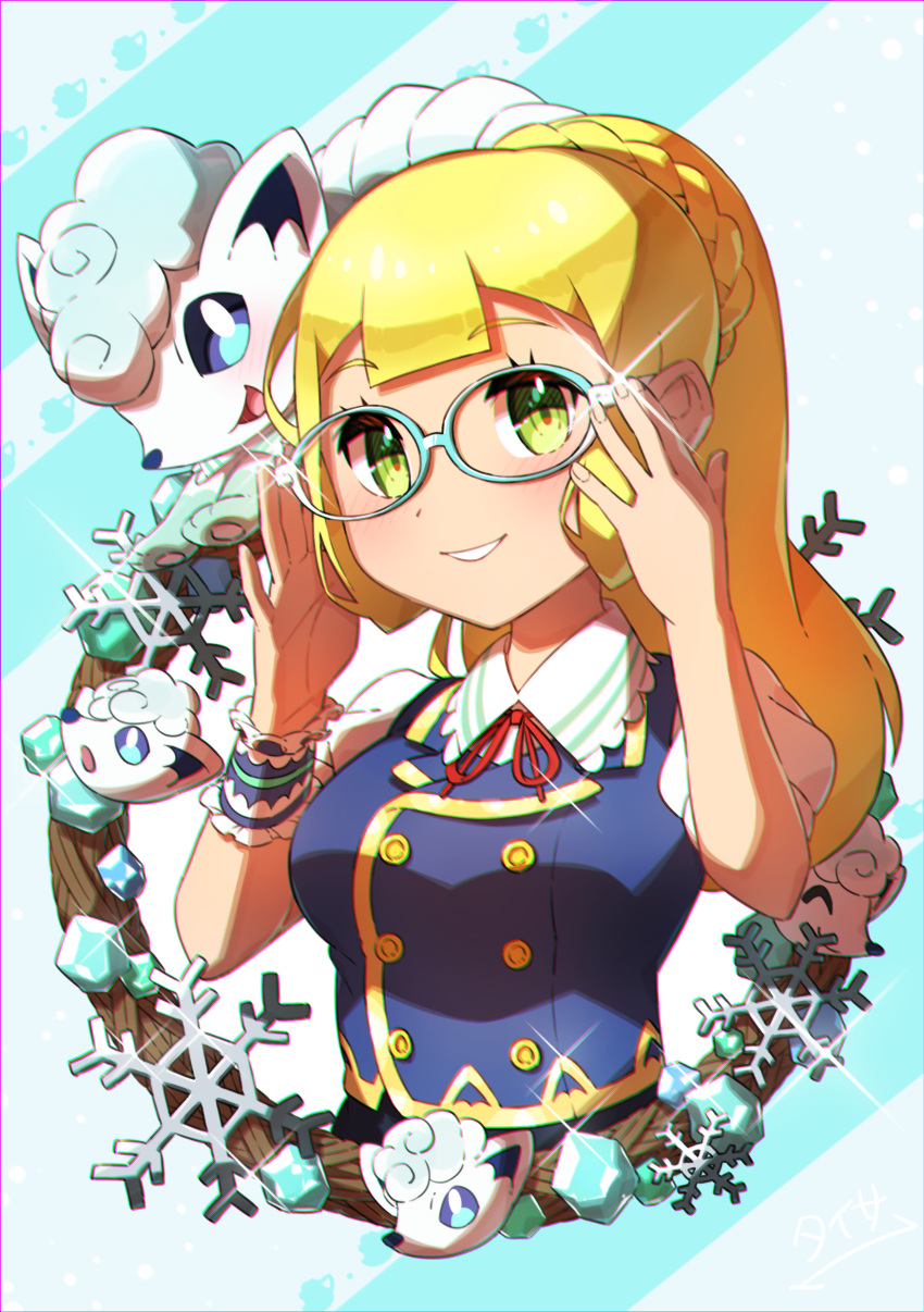 1girl absurdres adjusting_eyewear alolan_form alolan_vulpix aqua-framed_eyewear bangs bespectacled blonde_hair blunt_bangs blush braid commentary_request eyelashes frills gem gen_7_pokemon glasses green_eyes hands_up highres lillie_(pokemon) long_hair looking_at_viewer neck_ribbon parted_lips pokemon pokemon_(anime) pokemon_(creature) pokemon_sm_(anime) ponytail red_ribbon ribbon short_sleeves sparkle taisa_(lovemokunae) teeth wrist_cuffs