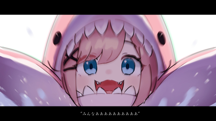1girl :d bangs blue_eyes brown_hair commentary_request eyes_visible_through_hair ftst2020 hair_ornament letterboxed looking_at_viewer maneater_(game) nijisanji open_mouth shark sharp_teeth sidelocks smile solo suzuhara_lulu teeth translation_request virtual_youtuber x_hair_ornament