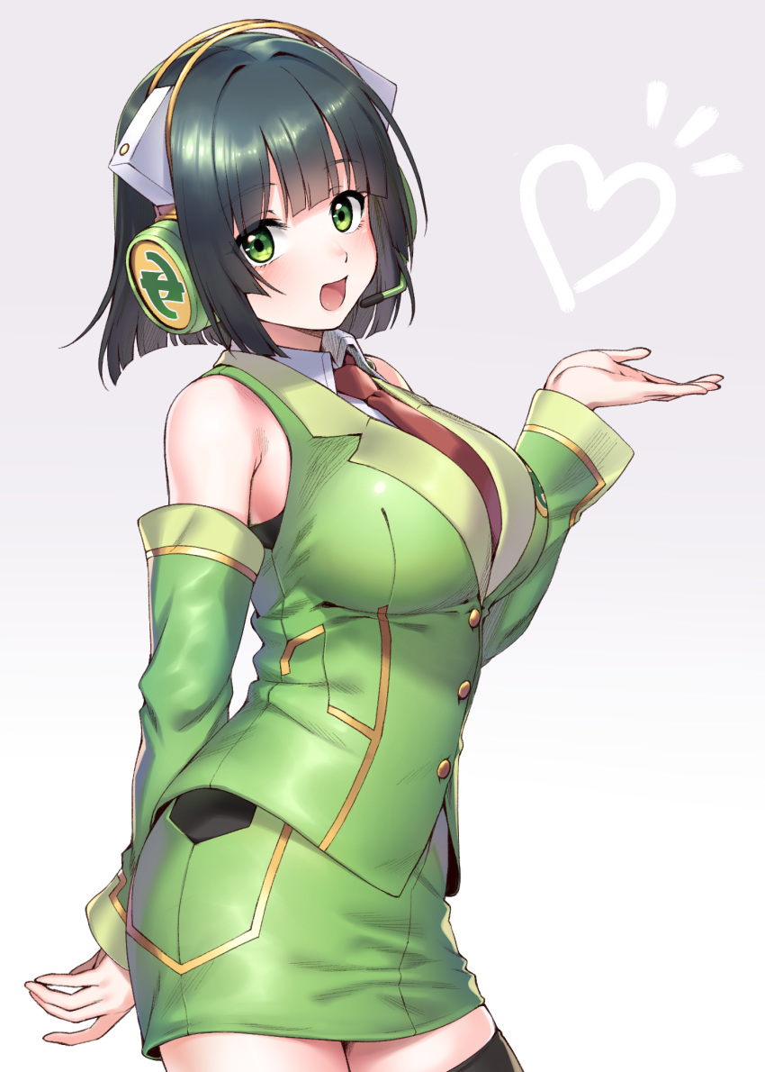 1girl bangs blush bob_cut commentary_request cowboy_shot detached_sleeves eyebrows_visible_through_hair green_eyes green_hair green_skirt headset heart highres kyoumachi_seika looking_at_viewer pencil_skirt short_hair skirt smile solo thigh-highs uniform voiceroid yagi_(ningen) zettai_ryouiki