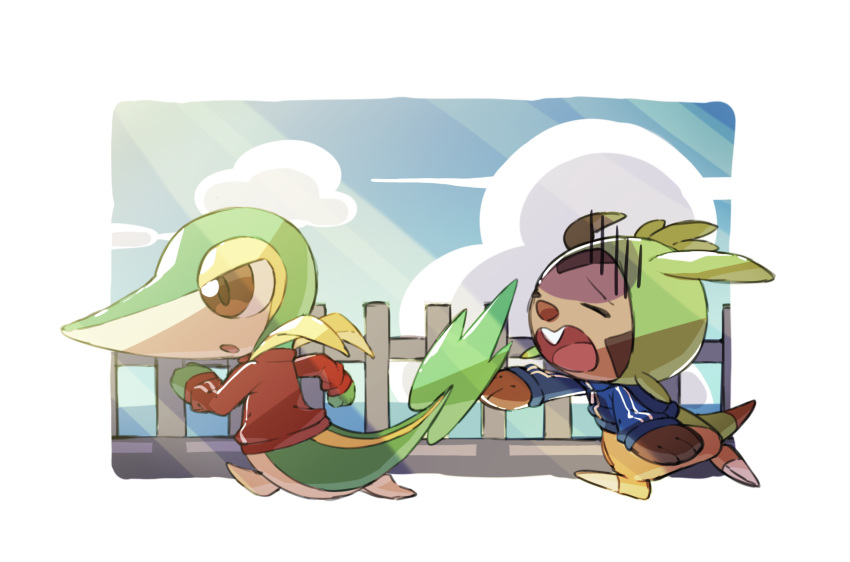 blue_jacket brown_eyes chespin closed_eyes clouds commentary_request fang gen_5_pokemon gen_6_pokemon highres jacket long_sleeves no_humans open_mouth pokemon pokemon_(creature) red_jacket running snivy starter_pokemon taisa_(lovemokunae) tired tongue