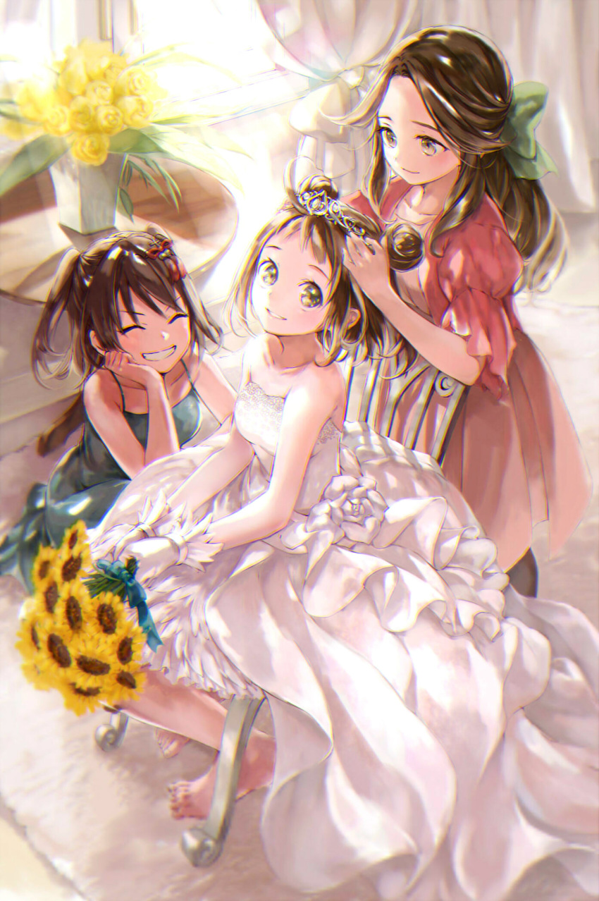 3girls alternate_costume bare_shoulders barefoot bouquet bow bride brown_eyes brown_hair chair closed_eyes commentary_request curtains double_bun dress elbow_gloves flower gloves grin hair_bow hair_intakes hair_ornament hair_ribbon highres holding holding_bouquet indoors jintsuu_(kantai_collection) kantai_collection long_hair multiple_girls naka_(kantai_collection) orange_mikan parted_lips ponytail ribbon sendai_(kantai_collection) short_hair sitting sleeveless smile strapless strapless_dress sunflower tiara wedding_dress white_dress white_gloves