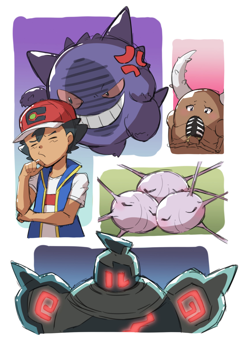 1boy absurdres anger_vein ash_ketchum bangs baseball_cap blush cascoon closed_eyes commentary_request eyebrows_visible_through_hair gen_1_pokemon gen_3_pokemon gen_5_pokemon gengar glowing golurk hand_on_own_chin hat highres pinsir pokemon pokemon_(anime) pokemon_(creature) pokemon_swsh_(anime) shirt short_hair short_sleeves sleeveless sleeveless_jacket taisa_(lovemokunae) thinking white_shirt