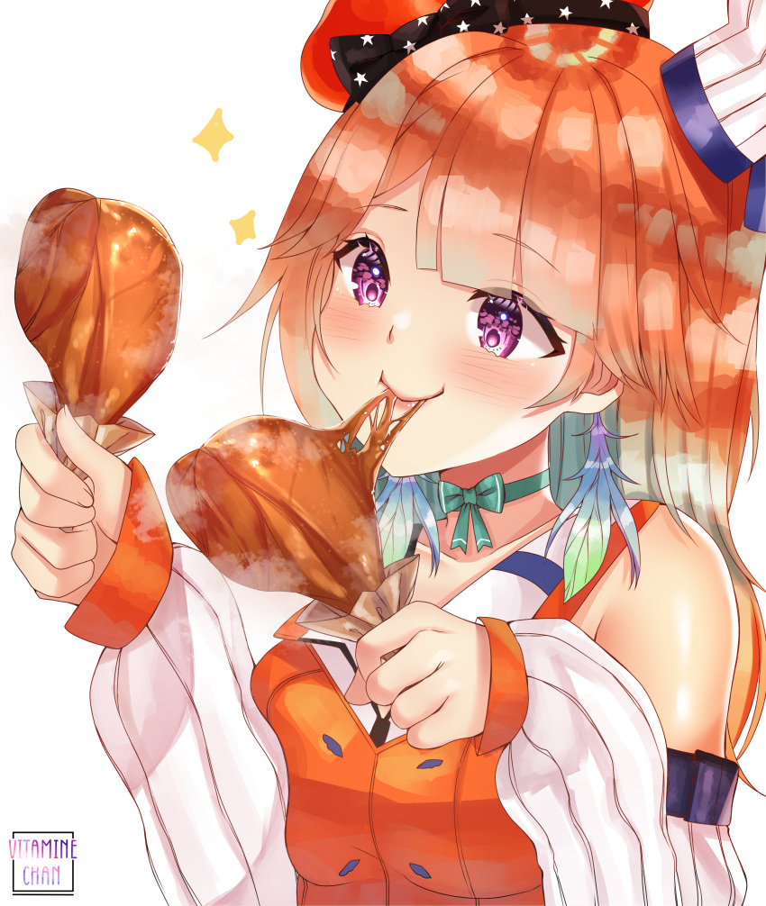 1girl absurdres artist_name bangs bare_shoulders blush bow bow_choker breasts chef_hat chicken_leg detached_sleeves earrings eating eyebrows_visible_through_hair feather_earrings feathers food fried_chicken gradient_hair hat hat_bow highres holding holding_food hololive hololive_english jewelry light_green_hair long_hair looking_at_object multicolored_hair orange_hair orange_headwear orange_shirt shirt smile solo sparkle steam takanashi_kiara violet_eyes virtual_youtuber vitaminechan