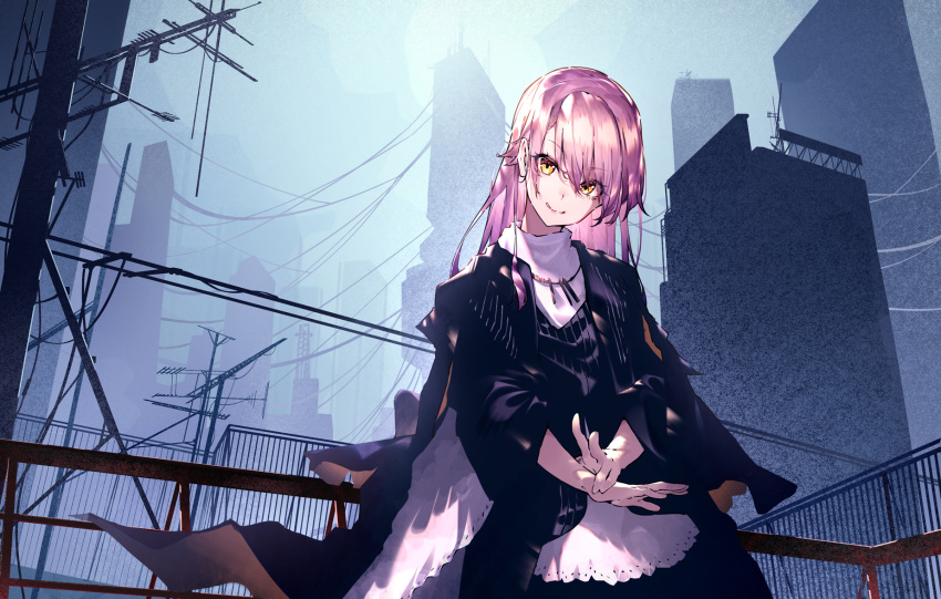 1girl bangs cityscape essual_(layer_world) eyebrows_visible_through_hair highres jacket jewelry long_hair looking_at_viewer necklace original outdoors pink_hair smile solo utility_pole v yellow_eyes