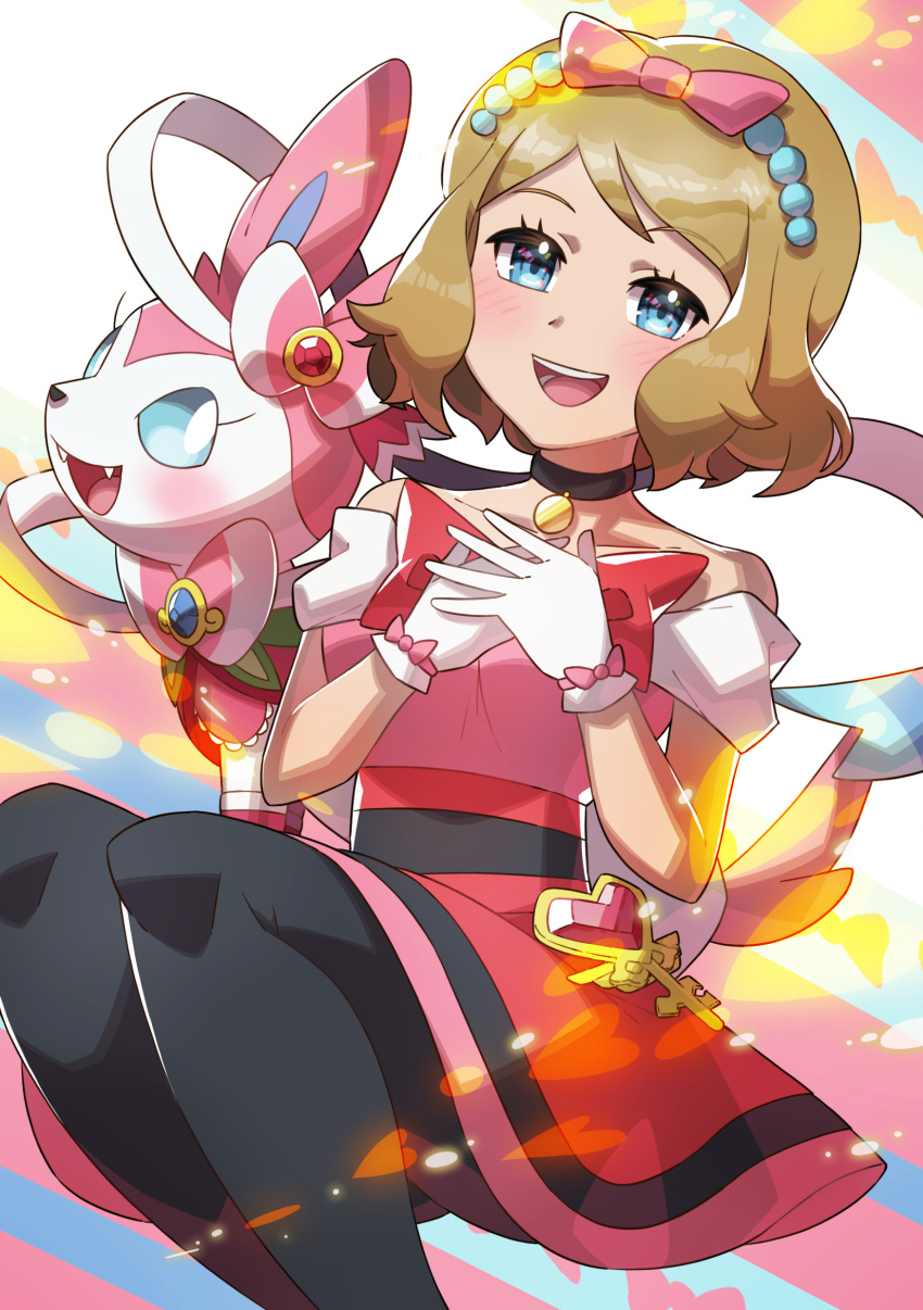 1girl absurdres bangs black_choker black_legwear blue_eyes blush bow choker commentary_request dress eyebrows_visible_through_hair eyelashes gen_6_pokemon gloves hands_together hands_up happy highres key light_brown_hair open_mouth pantyhose pink_bow pink_dress pokemon pokemon_(anime) pokemon_(creature) pokemon_xy_(anime) serena_(pokemon) shiny shiny_hair short_hair sylveon taisa_(lovemokunae) teeth tongue white_gloves