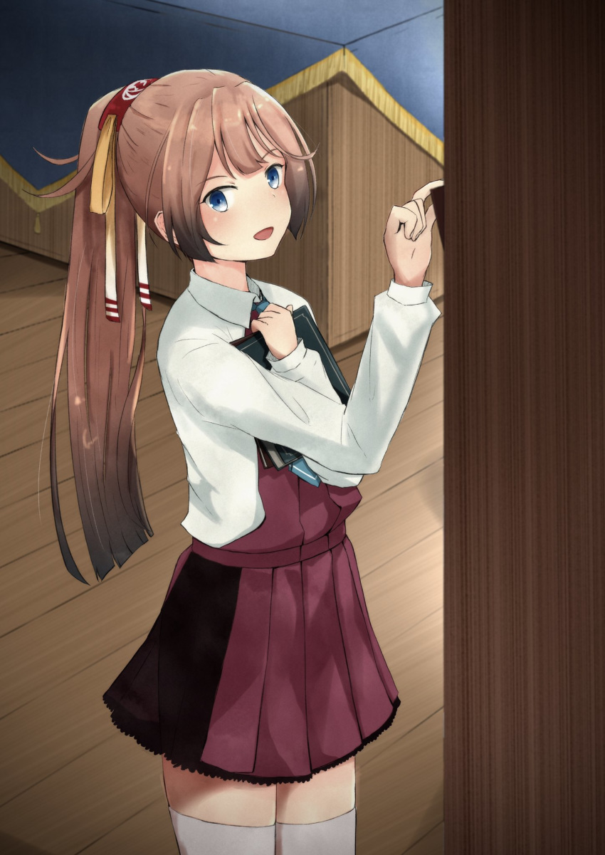 1girl brown_hair cowboy_shot desk dress grey_eyes grey_legwear hair_ribbon halterneck highres kantai_collection kazagumo_(kantai_collection) kure_jirou long_hair looking_at_viewer ponytail remodel_(kantai_collection) ribbon school_uniform shirt sleeveless sleeveless_dress solo standing thigh-highs tsurime white_shirt