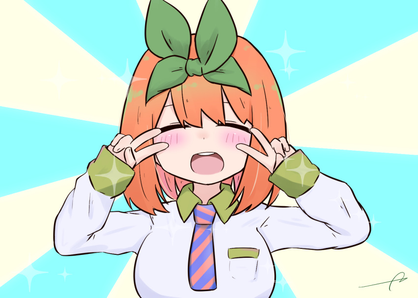 1girl ^_^ bangs blush breasts closed_eyes collared_shirt diagonal-striped_neckwear diagonal_stripes double_v eyebrows_behind_hair facing_viewer go-toubun_no_hanayome green_ribbon hair_between_eyes hair_ribbon hands_up kujou_karasuma long_sleeves medium_breasts nakano_yotsuba orange_hair ribbon round_teeth shirt signature sleeves_past_wrists solo sparkle striped striped_neckwear sunburst sunburst_background teeth upper_body upper_teeth v white_shirt