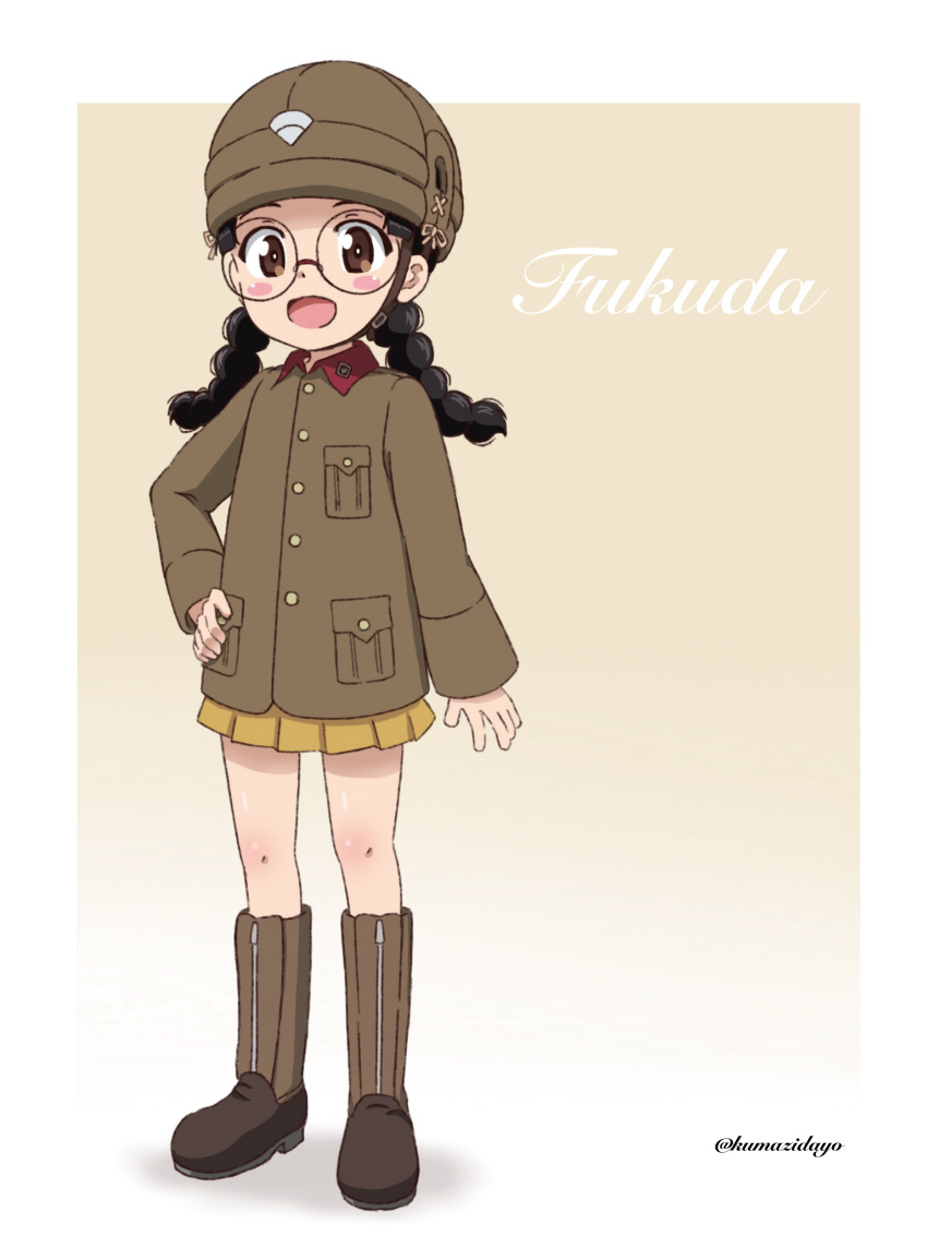 1girl :d absurdres bangs beige_background black_hair blush_stickers boots braid brown_eyes brown_footwear brown_headwear brown_jacket character_name chi-hatan_military_uniform commentary emblem fukuda_(girls_und_panzer) girls_und_panzer glasses gradient gradient_background hand_on_hip helmet highres jacket knee_boots kumaji_(kumazidayo) long_hair long_sleeves looking_at_viewer military military_uniform miniskirt open_mouth pleated_skirt round_eyewear skirt smile solo standing twin_braids twintails twitter_username uniform yellow_skirt