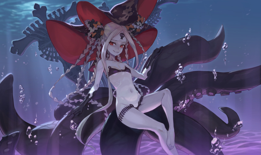 1girl abigail_williams_(fate/grand_order) abigail_williams_(swimsuit_foreigner)_(fate) bangs bare_shoulders bikini black_bikini black_bow bow breasts collarbone creature double_bun fate/grand_order fate_(series) glowing glowing_eye grin highres keyhole long_hair looking_at_viewer multiple_bows navel ne.corn orange_bow parted_bangs red_eyes sidelocks small_breasts smile swimsuit tentacles third_eye underwater very_long_hair white_hair white_skin