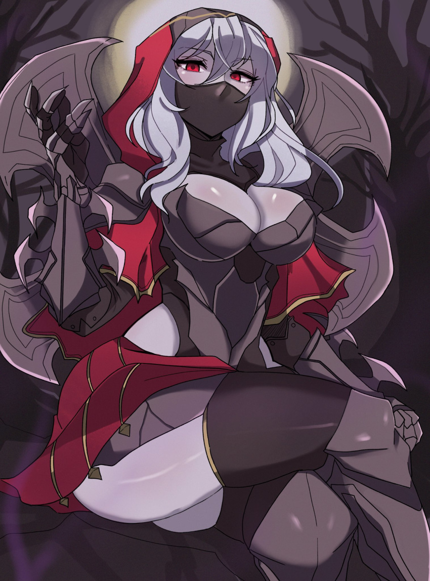 1girl armor bare_tree blade breastplate clawed_gauntlets covered_mouth crossed_legs eyebrows_visible_through_hair gauntlets genderswap genderswap_(mtf) greaves grey_hair hair_between_eyes highres hood hood_up league_of_legends long_hair mask moon mouth_mask outdoors pauldrons red_eyes red_hood rock shoulder_armor shuriken sitting solo thigh-highs tree weapon weapon_on_back yoshiikirablr zed_(league_of_legends)