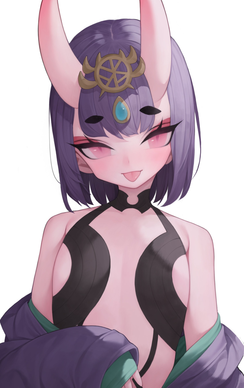 1girl absurdres bare_shoulders blush closed_mouth eyebrows_visible_through_hair eyeshadow fate/grand_order fate_(series) highres horns makeup off_shoulder oni oni_horns pink_eyes purple_hair rabbit_(wlsdnjs950) short_eyebrows short_hair shuten_douji_(fate/grand_order) simple_background sleeves_past_wrists solo tongue tongue_out upper_body white_background