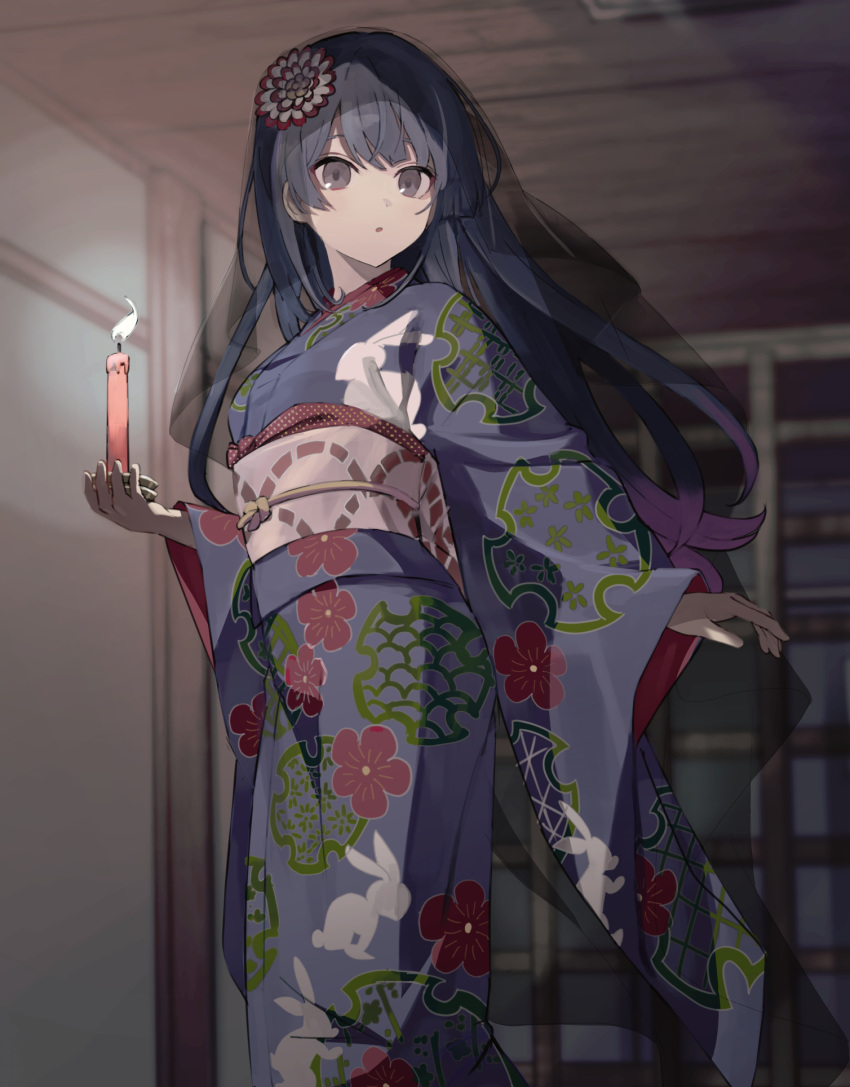 1girl animal_print bangs black_eyes black_hair black_kimono blurry blurry_background bunny_print candle candlelight commentary_request depth_of_field feet_out_of_frame floral_print flower hair_flower hair_ornament highres holding indoors japanese_clothes kimono long_hair long_sleeves looking_at_viewer nijisanji obi parted_lips print_kimono sash solo tsukino_mito usirome virtual_youtuber wide_sleeves