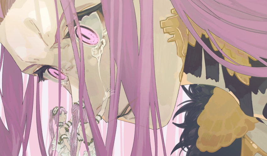 commentary_request dress e1voipius52iwof euryale fate/grand_order fate_(series) frilled_dress frills giantess gorgon_(fate) gothic_lolita hand_on_another's_face highres lolita_fashion long_hair pink_hair pink_pupils rectangular_pupils scales siblings sisters stheno tears