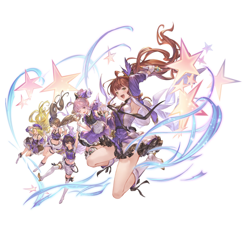 :d arm_up bangs bare_shoulders bare_thighs black_hair blonde_hair blue_eyes boots brown_eyes brown_hair canna_(granblue_fantasy) closed_mouth diantha_(granblue_fantasy) diola_(granblue_fantasy) eyebrows floating_hair gloves granblue_fantasy hair_between_eyes hair_ornament hand_on_own_chest hand_up harie_(granblue_fantasy) hat idol linaria_(granblue_fantasy) long_hair long_sleeves low_twintails microphone multiple_girls official_art open_mouth pink_hair ponytail short_hair short_sleeves sleeves sleeves_past_wrists smile star_(symbol) straight_hair twintails white_footwear white_gloves yellow_eyes