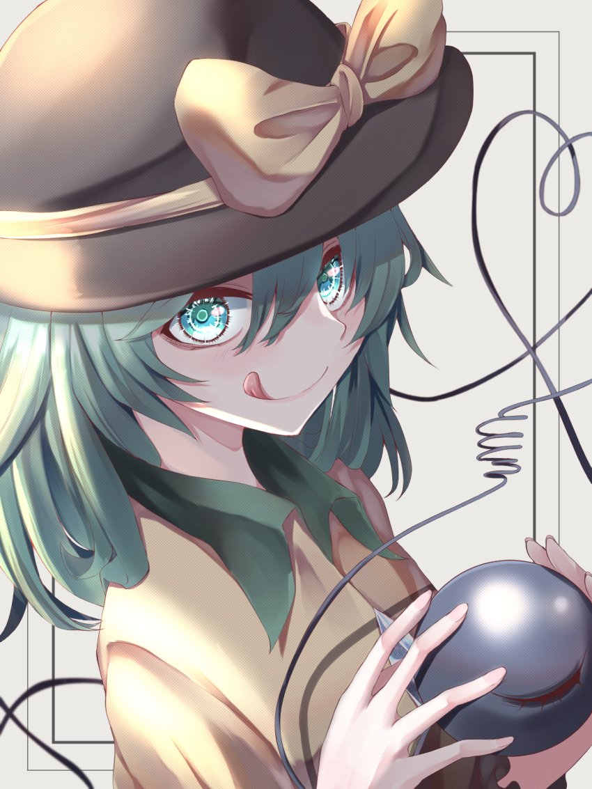 1girl :p border bow collared_shirt eyeball fall_dommmmmer green_eyes green_hair hat hat_bow hat_ribbon heart heart_of_string highres holding komeiji_koishi looking_at_viewer medium_hair portrait ribbon shirt simple_background solo third_eye tongue tongue_out touhou yellow_shirt