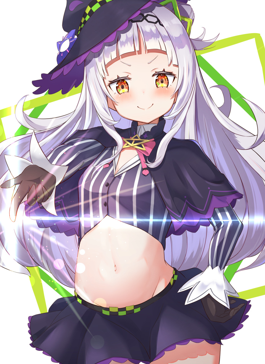 1girl absurdres appo_(36786257) bangs black_capelet black_gloves black_headwear black_skirt blunt_bangs blush breasts capelet cowboy_shot crop_top gloves groin hair_bun hair_ornament hand_on_hip hat highres hololive light long_hair long_sleeves looking_at_viewer lowleg lowleg_skirt midriff murasaki_shion navel one_side_up pointing shirt sidelocks silver_hair skirt small_breasts smile solo standing striped striped_shirt tilted_headwear vertical-striped_shirt vertical_stripes virtual_youtuber white_background witch_hat yellow_eyes