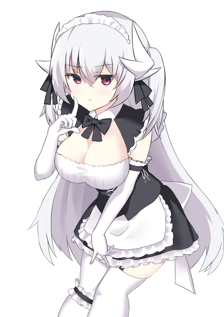 1girl absurdres alternate_costume apron black_dress breasts dragon_girl dragon_horns dress elbow_gloves enmaided fate/grand_order fate_(series) gloves highres horns kiyohime_(fate/grand_order) large_breasts leg_garter long_hair maid maid_apron maid_dress maid_headdress mikan_houri multiple_horns red_eyes short_dress sleeveless sleeveless_dress solo thigh-highs waist_apron white_apron white_gloves white_hair white_legwear