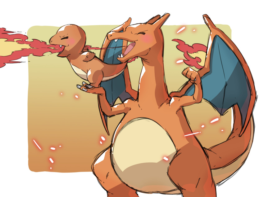 blush breathing_fire carrying charizard charmander closed_eyes commentary_request dragon fangs fire flame gen_1_pokemon hands_up highres no_humans open_mouth pokemon pokemon_(creature) tail taisa_(lovemokunae) tongue wings
