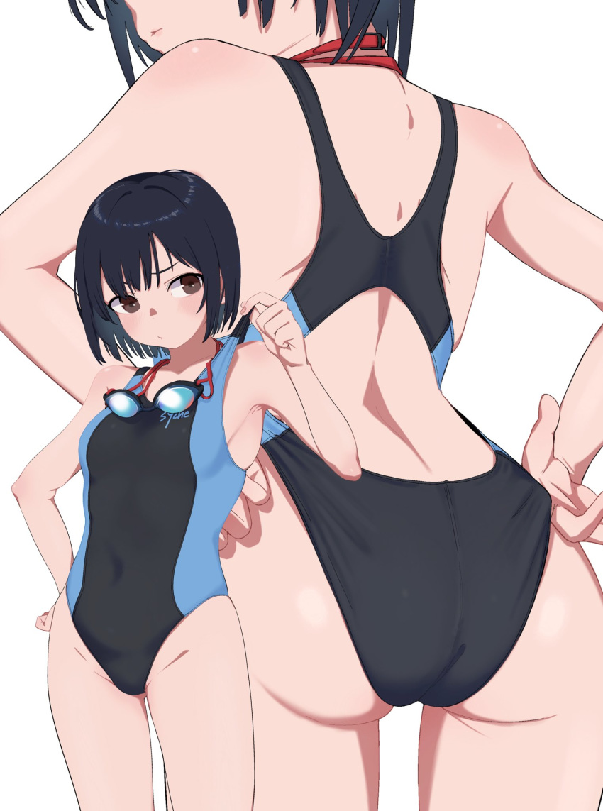 1girl adjusting_clothes adjusting_swimsuit ass black_hair black_swimsuit bouen brown_eyes competition_swimsuit cowboy_shot goggles goggles_around_neck highres looking_to_the_side multiple_views one-piece_swimsuit original short_hair simple_background standing swimsuit two-tone_swimsuit white_background zoom_layer