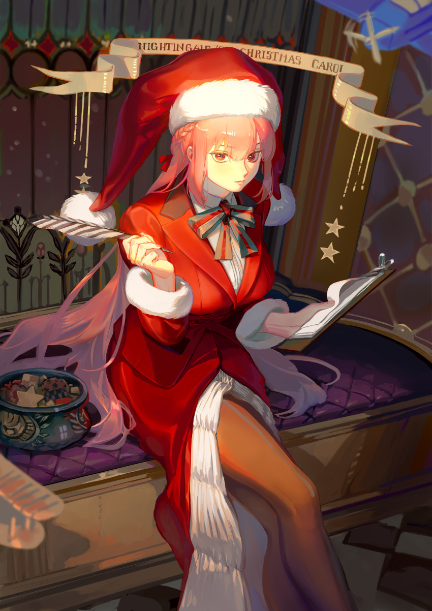 1girl absurdres bangs bow bowtie braid breasts dress eyebrows_visible_through_hair fate/grand_order fate_(series) florence_nightingale_(fate/grand_order) florence_nightingale_santa_(fate/grand_order) fur_trim hat highres holding jacket large_breasts long_hair looking_at_viewer pantyhose pink_hair red_eyes red_headwear red_jacket santa_costume santa_hat solo taro-k thigh-highs