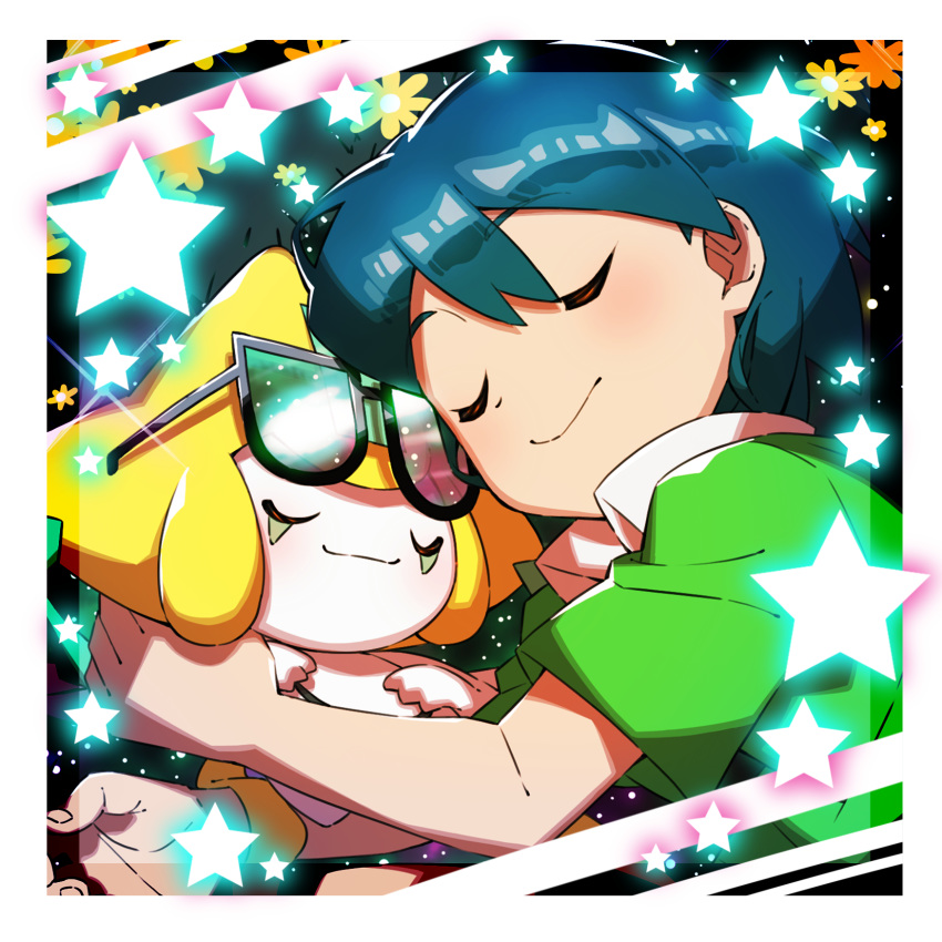 1boy bangs black-framed_eyewear blue_hair border closed_eyes closed_mouth collared_shirt commentary_request gen_3_pokemon glasses green_shirt highres holding holding_pokemon jirachi max_(pokemon) mythical_pokemon pokemon pokemon_(anime) pokemon_(creature) pokemon_rse_(anime) shiny shiny_hair shirt short_sleeves smile sparkle star_(symbol) taisa_(lovemokunae) white_border