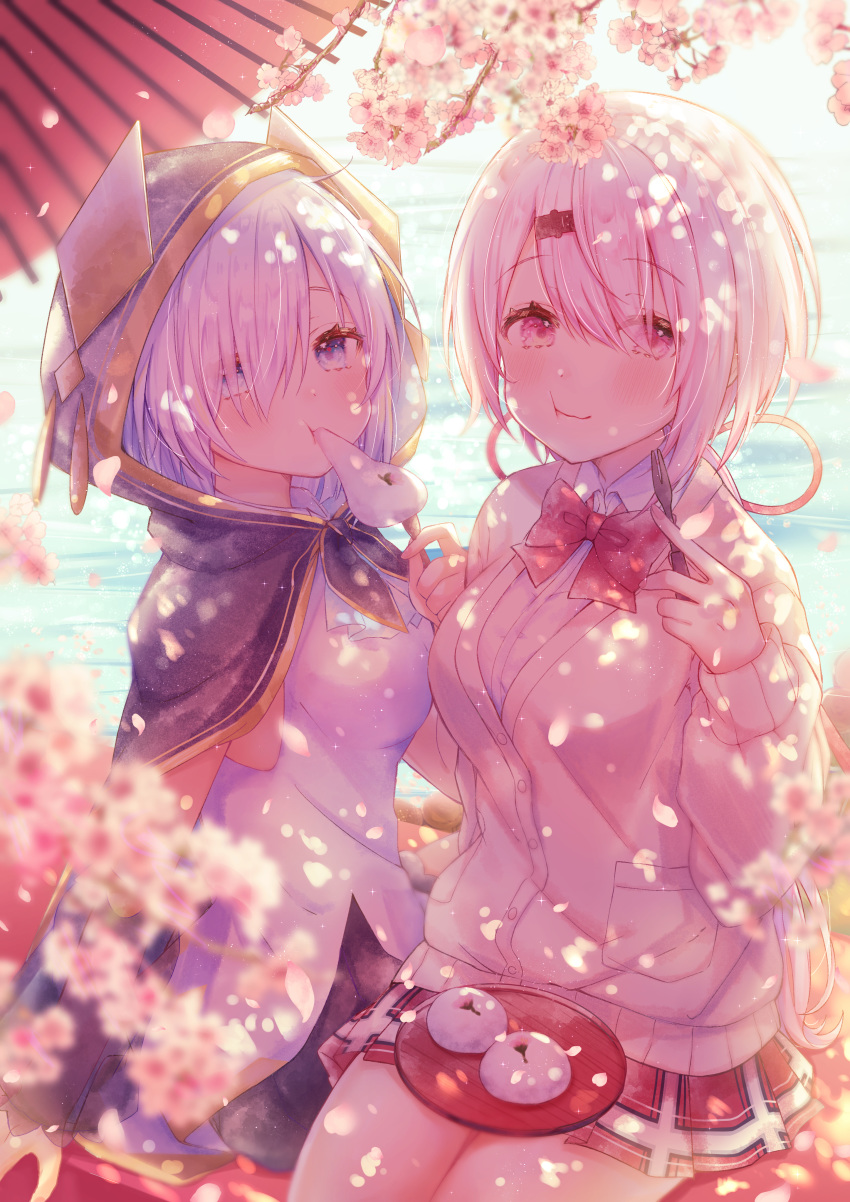 2girls absurdres ars_almal black_cape blue_eyes blurry_foreground bow bowtie breasts buttons cape cardigan cherry_blossoms commentary_request eating food highres holding hood hood_up huge_filesize large_breasts looking_at_viewer multiple_girls nijisanji pink_eyes pink_hair pleated_skirt red_neckwear school_uniform shiina_yuika shirt short_hair sitting skirt sunlight syunmin_n000 virtual_youtuber water white_hair white_shirt