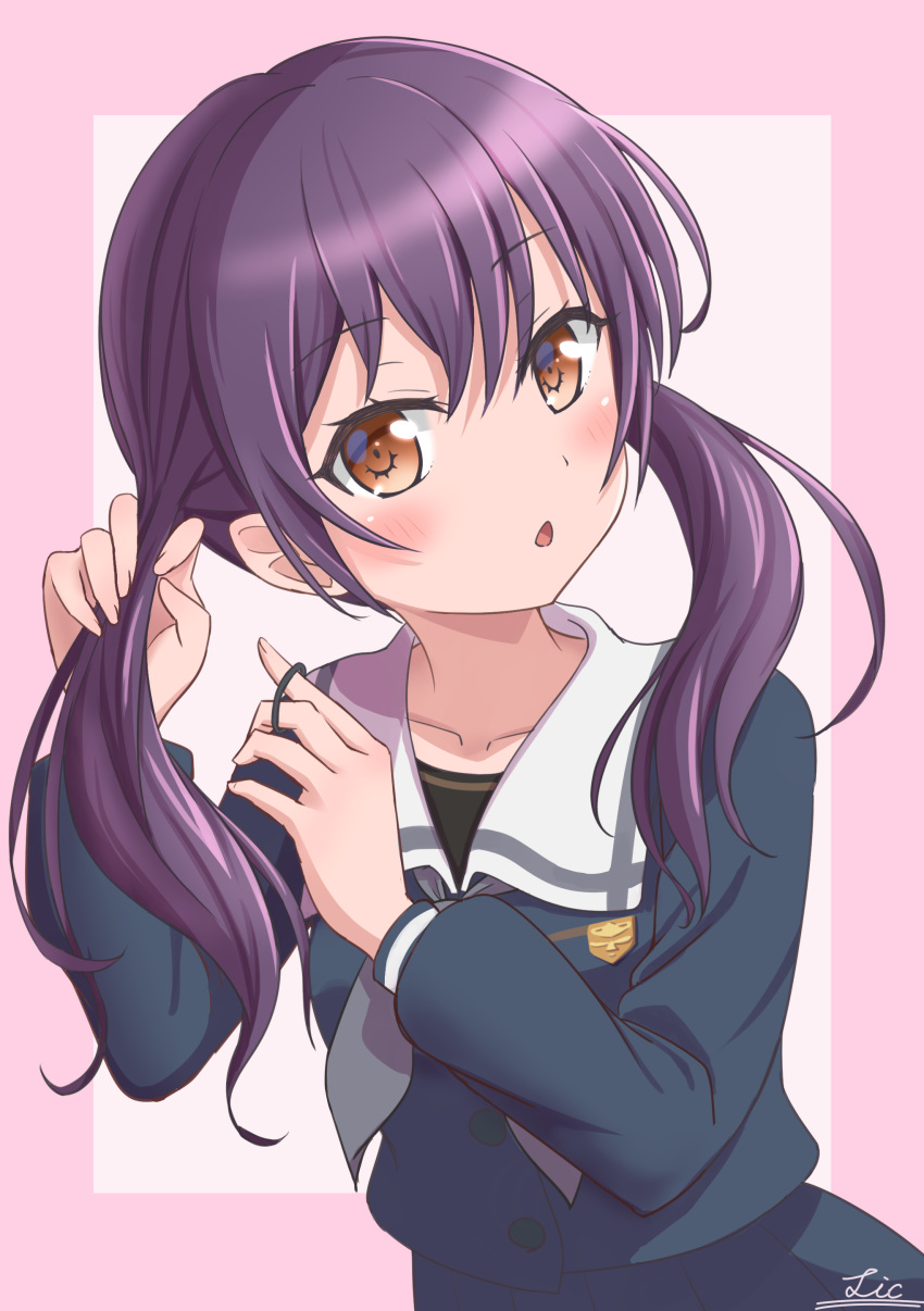 1girl :o absurdres bang_dream! bangs blue_serafuku blush border breasts brown_eyes buttons collarbone commentary_request eyebrows_visible_through_hair futaba_tsukushi grey_neckwear hair_between_eyes hair_tie highres long_hair long_sleeves looking_at_viewer neckerchief pink_border purple_hair rikku_(licloud28) school_uniform sidelocks signature simple_background skirt small_breasts solo standing tsukinomori_school_uniform twintails tying_hair upper_body white_background