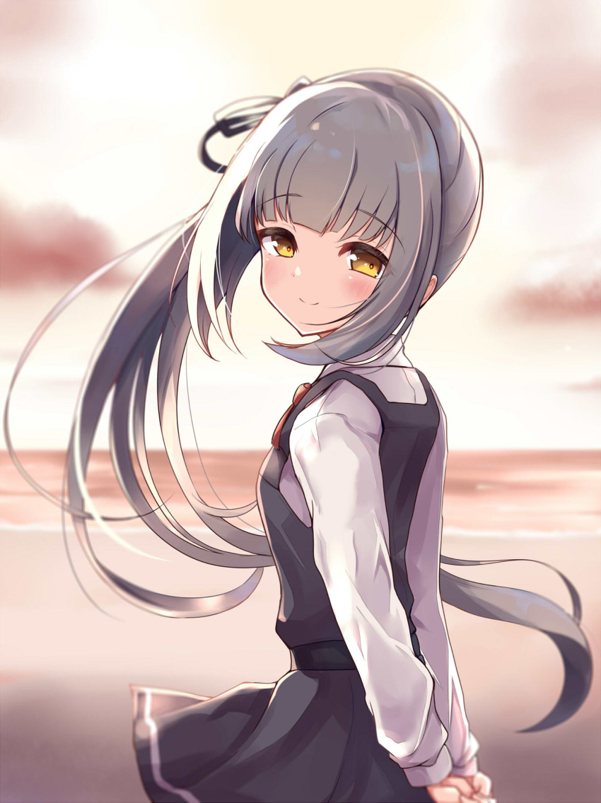1girl backlighting belt black_dress black_ribbon blonde_hair blunt_ends blush closed_mouth commentary_request cowboy_shot day dress earrings from_side hair_ribbon highres horizon jewelry kantai_collection kasumi_(kantai_collection) long_hair long_sleeves looking_at_viewer looking_to_the_side outdoors pinafore_dress red_neckwear ribbon shirt side_ponytail silver_hair smile solo soramuko sunlight very_long_hair white_shirt