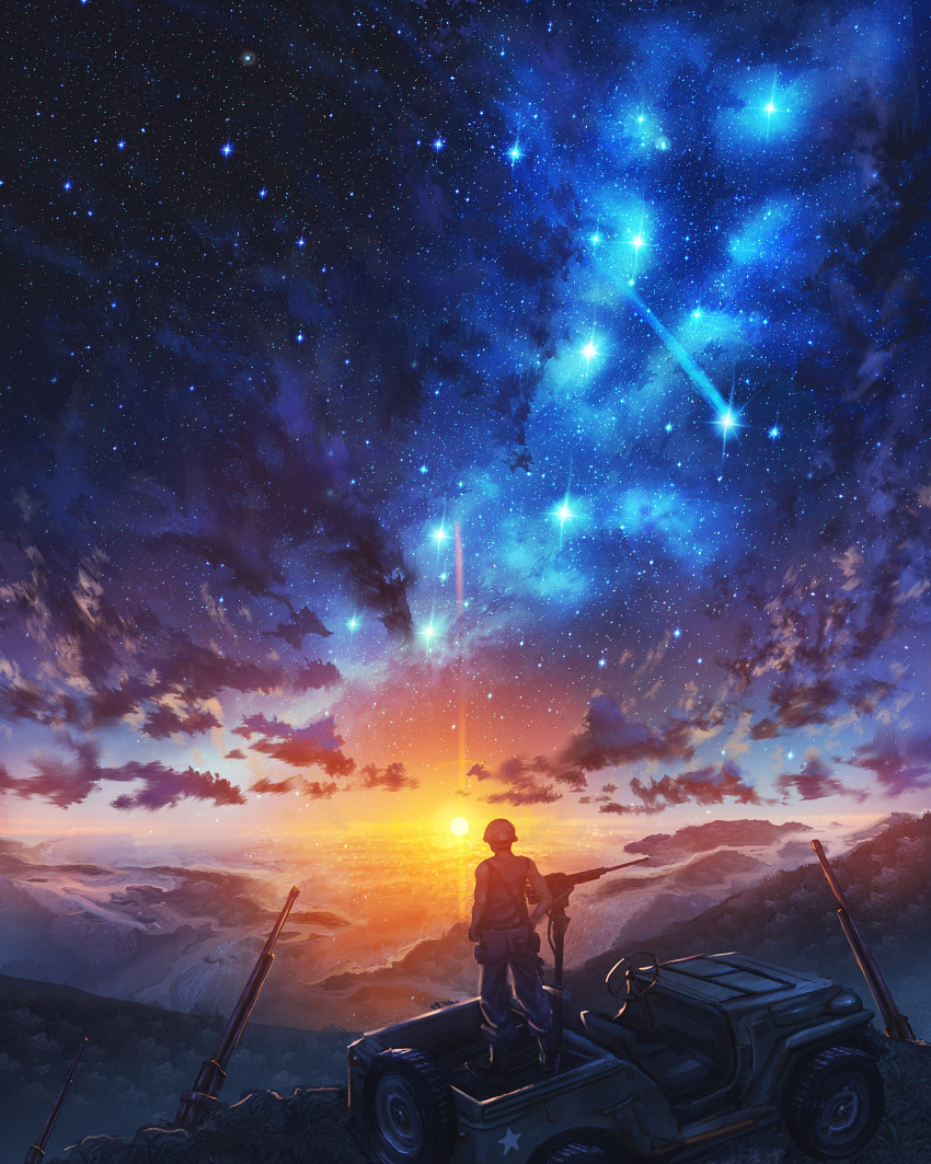 1boy absurdres bare_arms bare_shoulders car clouds commentary_request facing_away ground_vehicle gun hat highres horizon kenzo_093 machine_gun male_focus military_hat milky_way motor_vehicle night night_sky ocean on_vehicle original scenery shooting_star sky solo standing star_(sky) starry_sky sunset water weapon