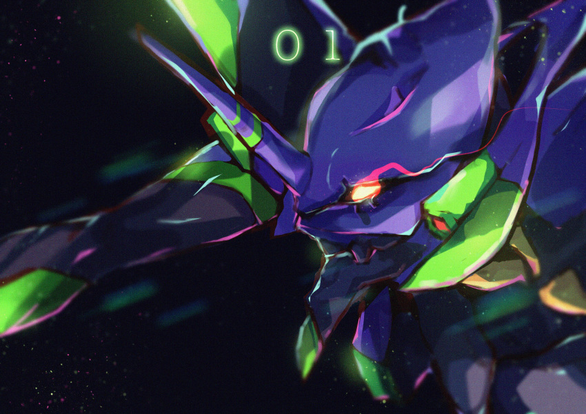 absurdres black_background close-up eva_01 from_side glowing glowing_eyes highres horns huge_filesize looking_ahead mariobaby mecha neon_genesis_evangelion no_humans single_horn solo yellow_eyes