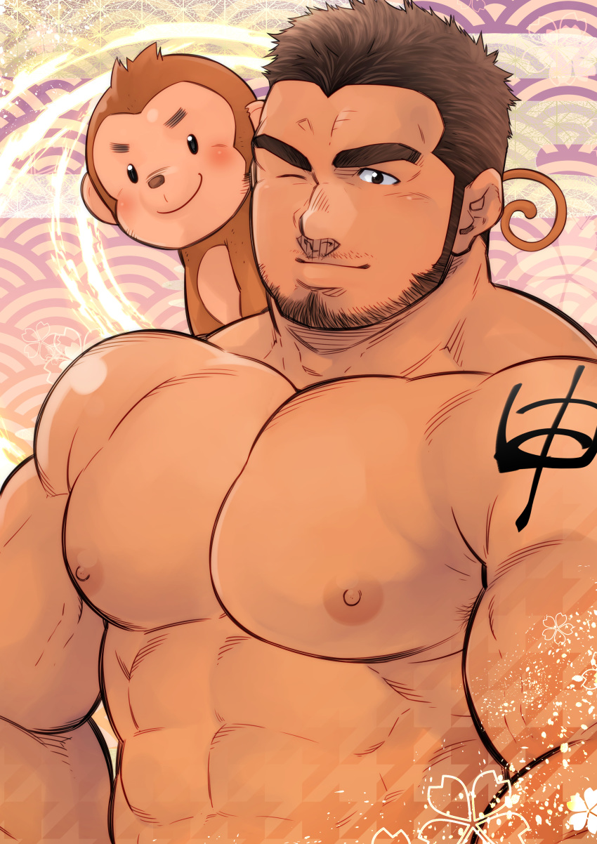 1boy abs absurdres animal bara beard blush brown_eyes brown_hair chest chinese_new_year facial_hair highres male_focus manly masateruteru monkey monkey_tail muscle nipples on_shoulder one_eye_closed original pectorals short_hair sideburns solo tail tattoo textless thick_eyebrows