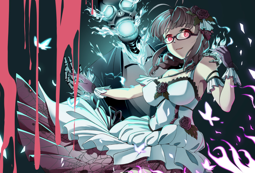 1girl 1other akizuki_ritsuko alternate_costume alternate_eye_color armband bare_arms bare_shoulders black_gloves blood blue_fire braid breasts brown_hair bug butterfly commentary_request dancing dress dripping fire flower formal frilled_gloves frills glasses gloves hadaka_megane hair_up highres idolmaster idolmaster_(classic) idolmaster_million_live! idolmaster_million_live!_theater_days insect medium_breasts official_alternate_costume purple_fire rose skeleton smile spider_web_print suit twin_braids white_dress