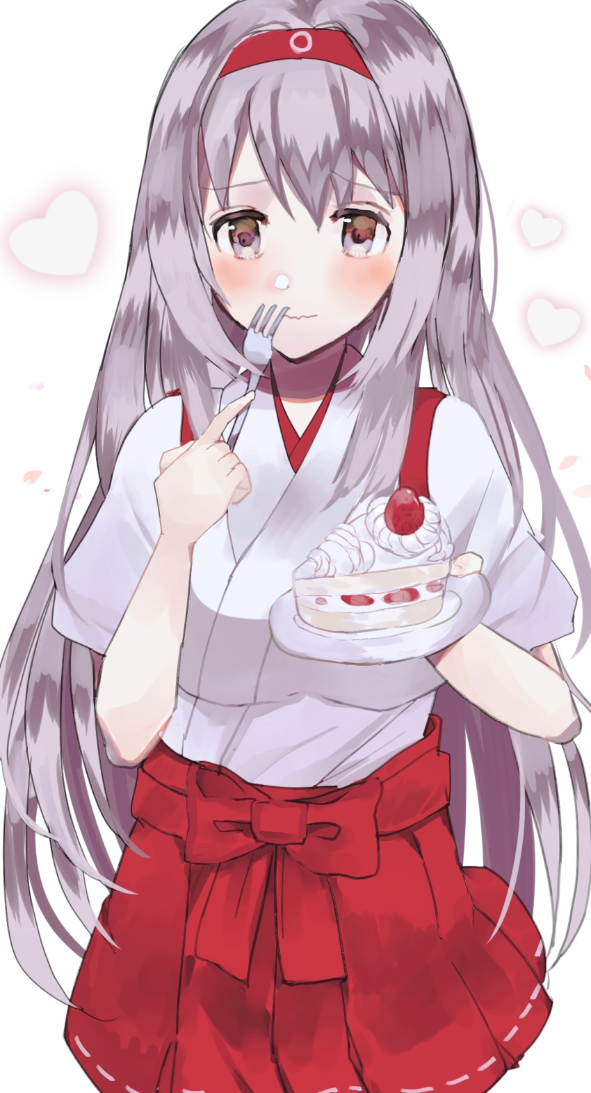 1girl blush brown_eyes eyebrows_visible_through_hair food fork hairband hakama hakama_skirt heart highres holding holding_fork holding_plate japanese_clothes kantai_collection long_hair looking_at_viewer plate qqqmei red_hairband red_hakama red_skirt short_sleeves shoukaku_(kancolle) silver_hair skirt solo strawberry_shortcake wavy_mouth