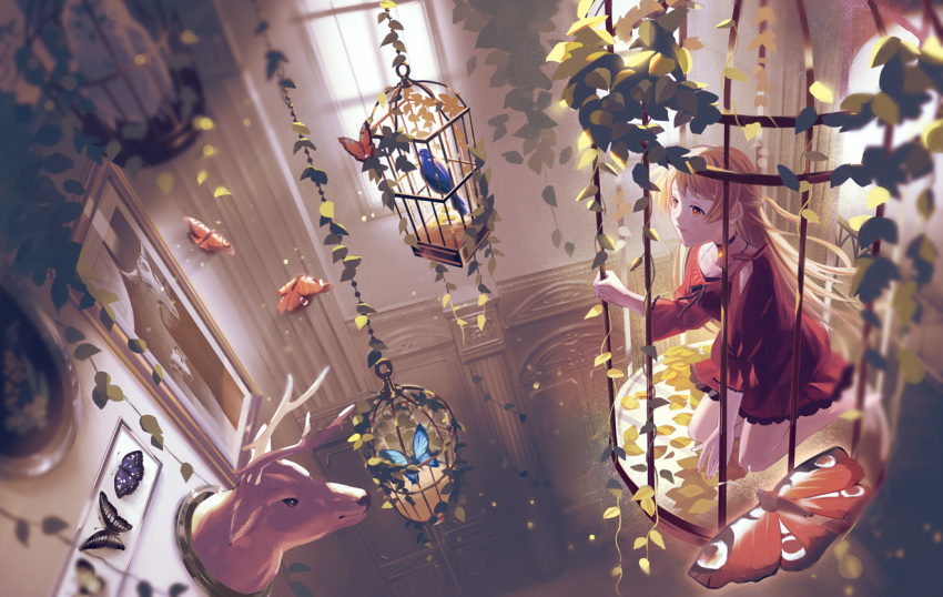 1girl bird birdcage blue_butterfly brown_hair cage day dress eri_(difference) indoors kneeling long_hair orange_butterfly original picture_(object) plant red_dress red_eyes vines window