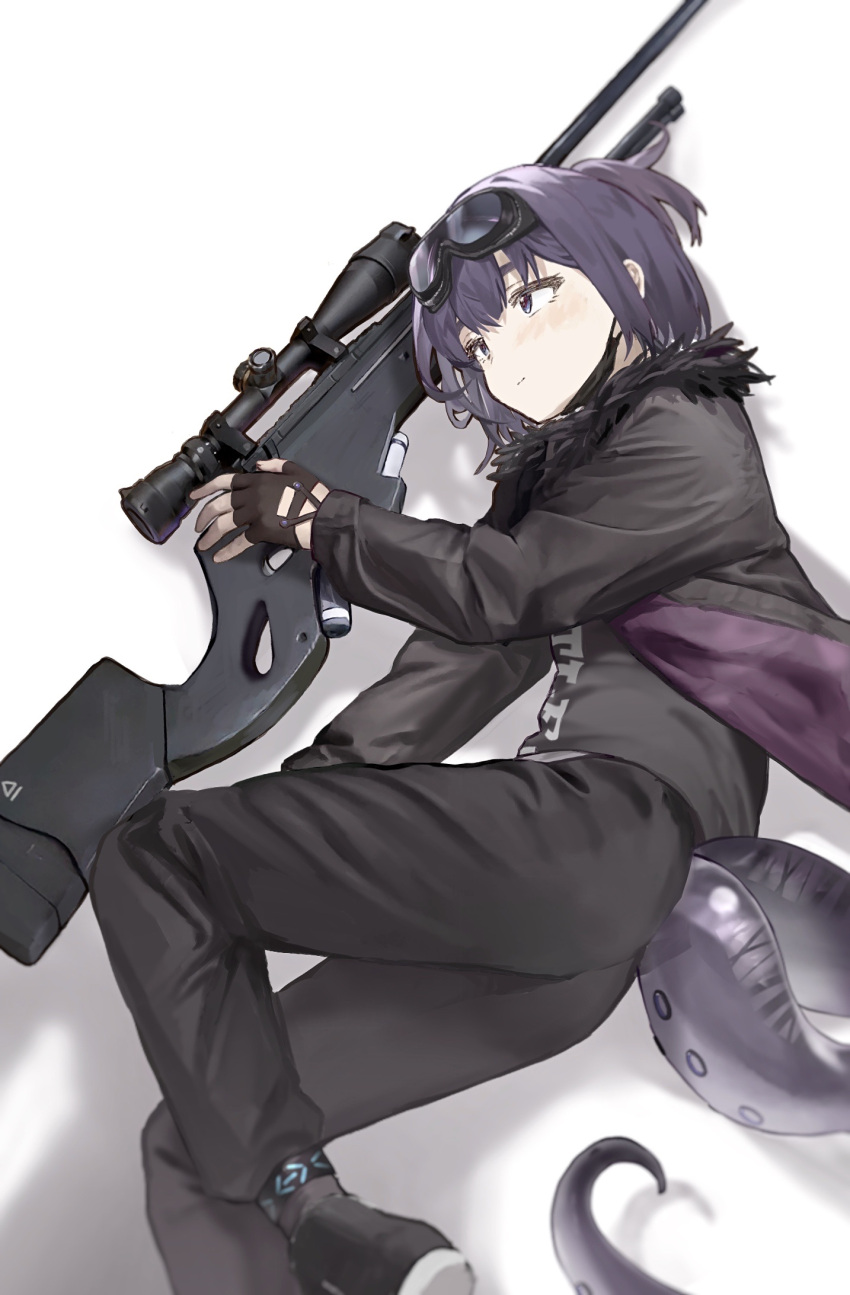 1girl andreana_(arknights) arknights black_footwear black_gloves black_jacket black_pants black_shirt commentary fingerless_gloves fur-trimmed_jacket fur_trim gloves goggles goggles_on_head gun highres infection_monitor_(arknights) jacket long_sleeves pants purple_hair rifle seallllion shirt shoes short_hair simple_background sniper_rifle solo tentacles violet_eyes weapon white_background
