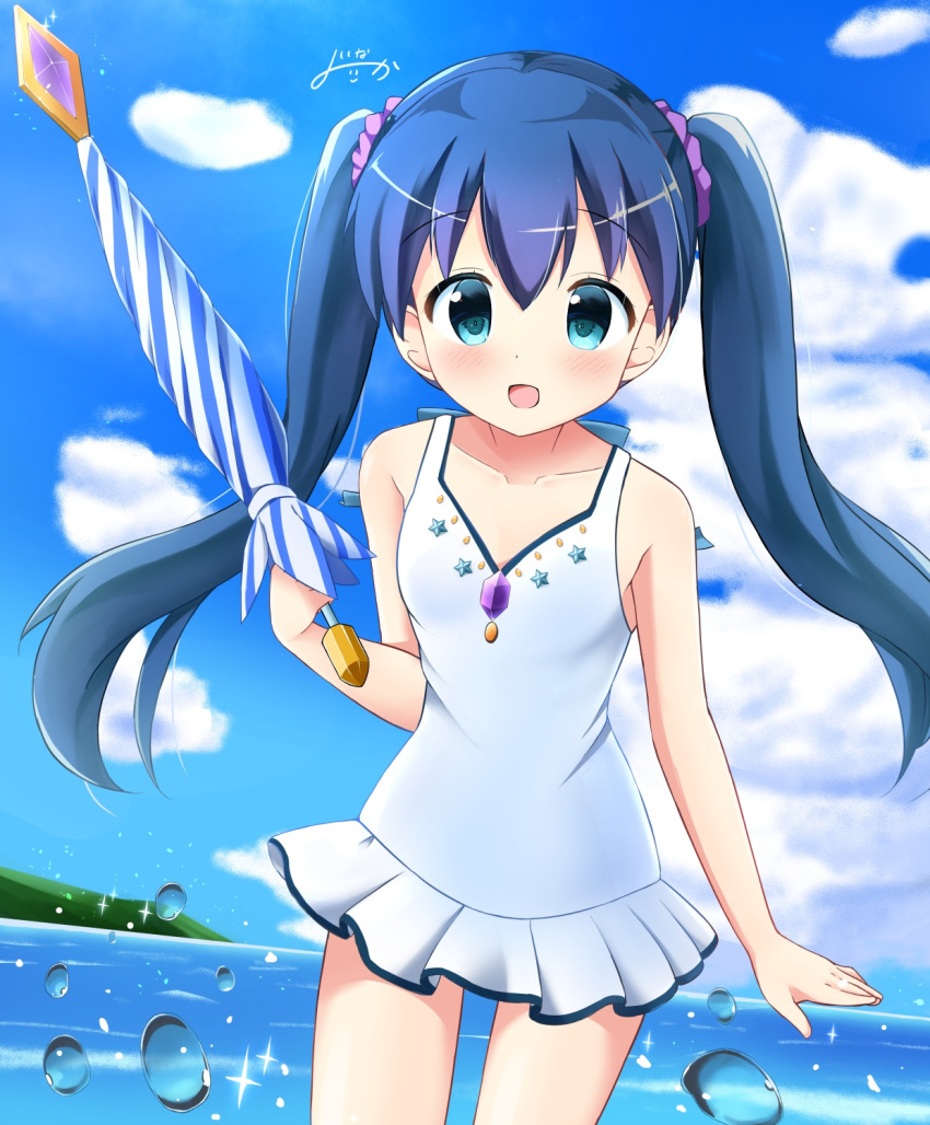 1girl :d bangs blue_hair blue_sky blush breasts bubble clouds commentary_request cowboy_shot day dot_nose eyebrows_visible_through_hair floating_hair green_eyes hair_ornament hair_scrunchie highres holding holding_umbrella inakami kin-iro_mosaic komichi_aya long_hair ocean one-piece_swimsuit open_mouth purple_scrunchie scrunchie signature sky small_breasts smile solo sparkle standing swimsuit swimsuit_skirt twintails umbrella white_swimsuit