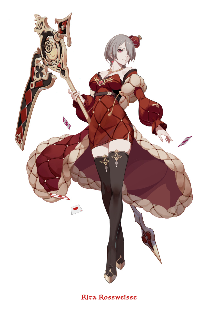 1girl absurdres ace_of_hearts alternate_costume bangs belt black_footwear black_legwear boots breasts card character_name cheeky_little_star coat crossed_legs crown dress earrings full_body gold hair_over_one_eye heart heart_earrings highres holding holding_scythe holding_weapon honkai_(series) honkai_impact_3rd jewelry large_breasts light_brown_hair long_sleeves looking_afar mini_crown necklace off_shoulder open_mouth playing_card red_coat red_dress rita_rossweisse ruby_(gemstone) scythe short_hair simple_background solo teeth thigh-highs thigh_boots weapon white_background