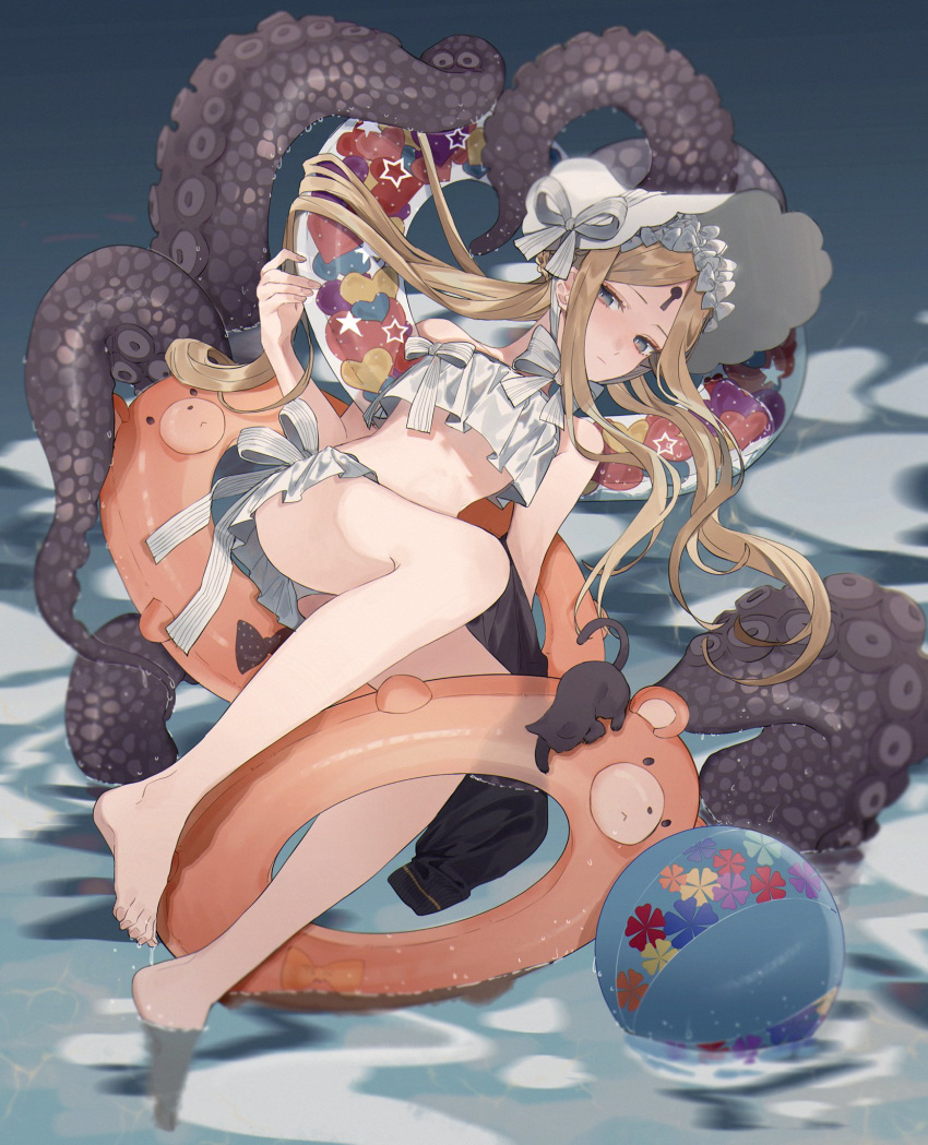 1girl abigail_williams_(fate/grand_order) abigail_williams_(swimsuit_foreigner)_(fate) bangs bare_shoulders bikini blonde_hair blue_eyes bonnet bow breasts cat eldritch_abomination fate/grand_order fate_(series) forehead hair_bow hat highres long_hair navel parted_bangs sidelocks small_breasts swimsuit tentacles twintails water white_bikini white_bow white_headwear yurumawari