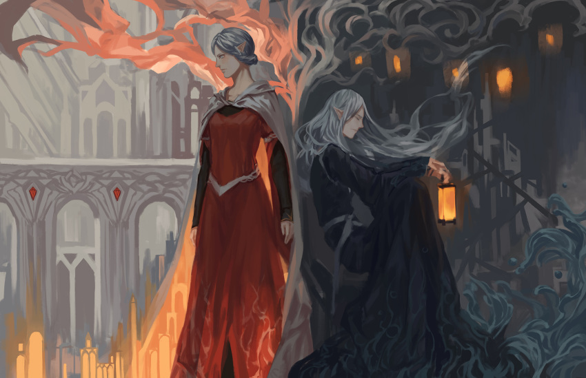 2girls black_robe blue_eyes braid candle cape capelet check_copyright closed_mouth collarbone contrast copyright_request dress earrame fantasy fire grey_hair highres holding holding_lantern indoors lantern long_hair multiple_girls original pointy_ears red_dress robe short_hair sitting standing white_capelet