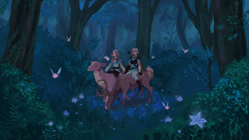 1boy 1girl absurdres antlers bigskycastle blonde_hair deer fairy forest highres link nature partially_submerged pointy_ears princess_zelda riding short_hair sword the_legend_of_zelda the_legend_of_zelda:_breath_of_the_wild the_legend_of_zelda:_breath_of_the_wild_2 water weapon weapon_on_back