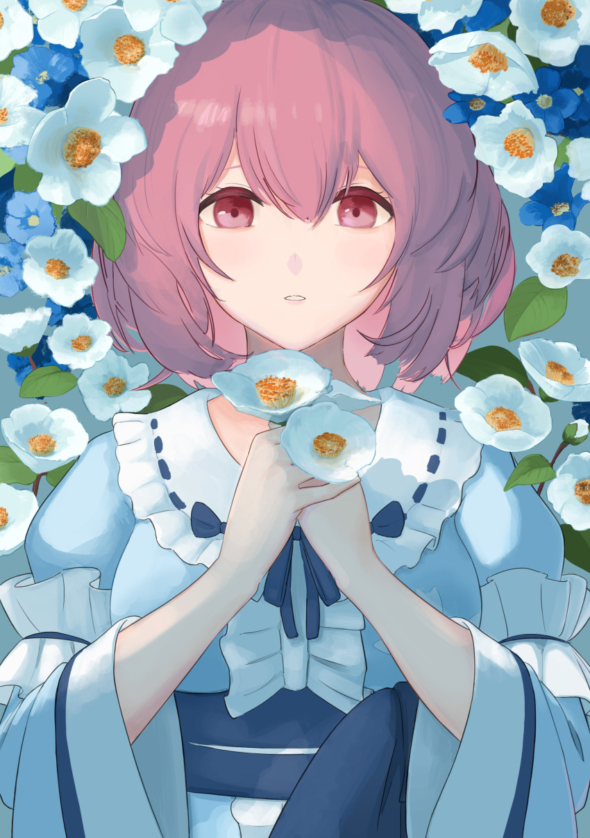 1girl absurdres aqua_background arm_garter arm_ribbon bangs blue_kimono blue_ribbon blush breasts collar eyebrows_behind_hair flower flower_bed flower_request frilled_collar frills hair_between_eyes hatoda_kaka highres holding holding_flower japanese_clothes kimono long_sleeves looking_at_viewer medium_breasts no_headwear obi parted_lips pink_eyes pink_hair reflective_eyes ribbon ribbon-trimmed_collar ribbon_trim saigyouji_yuyuko sash shiny shiny_hair short_hair simple_background solo touhou upper_body wide_sleeves