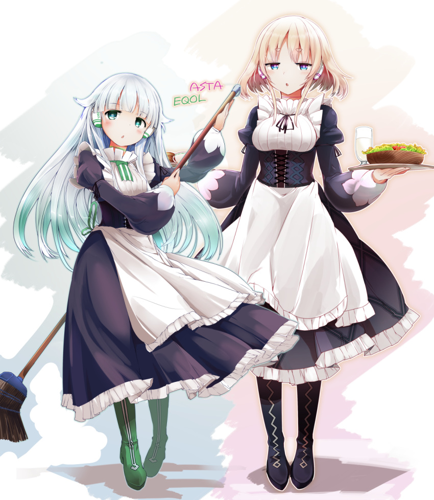 2girls :o apron arm_up bangs black_dress black_footwear blonde_hair blue_eyes blush boots bowl breasts broom character_name commentary_request cup dress drinking_glass eyebrows_visible_through_hair frilled_apron frilled_dress frills gradient_hair green_eyes green_footwear green_hair hair_flaps highres holding holding_broom holding_tray juliet_sleeves knee_boots long_hair long_sleeves looking_at_viewer maid medium_breasts multicolored_hair multiple_girls nijou_katame original parted_lips puffy_sleeves robot_ears salad silver_hair small_breasts standing tray very_long_hair white_apron