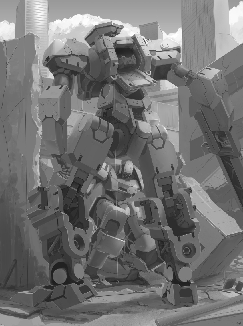 absurdres atsajh building fighting from_behind gun highres holding holding_gun holding_weapon looking_up mecha monochrome no_humans one-eyed original weapon wreckage