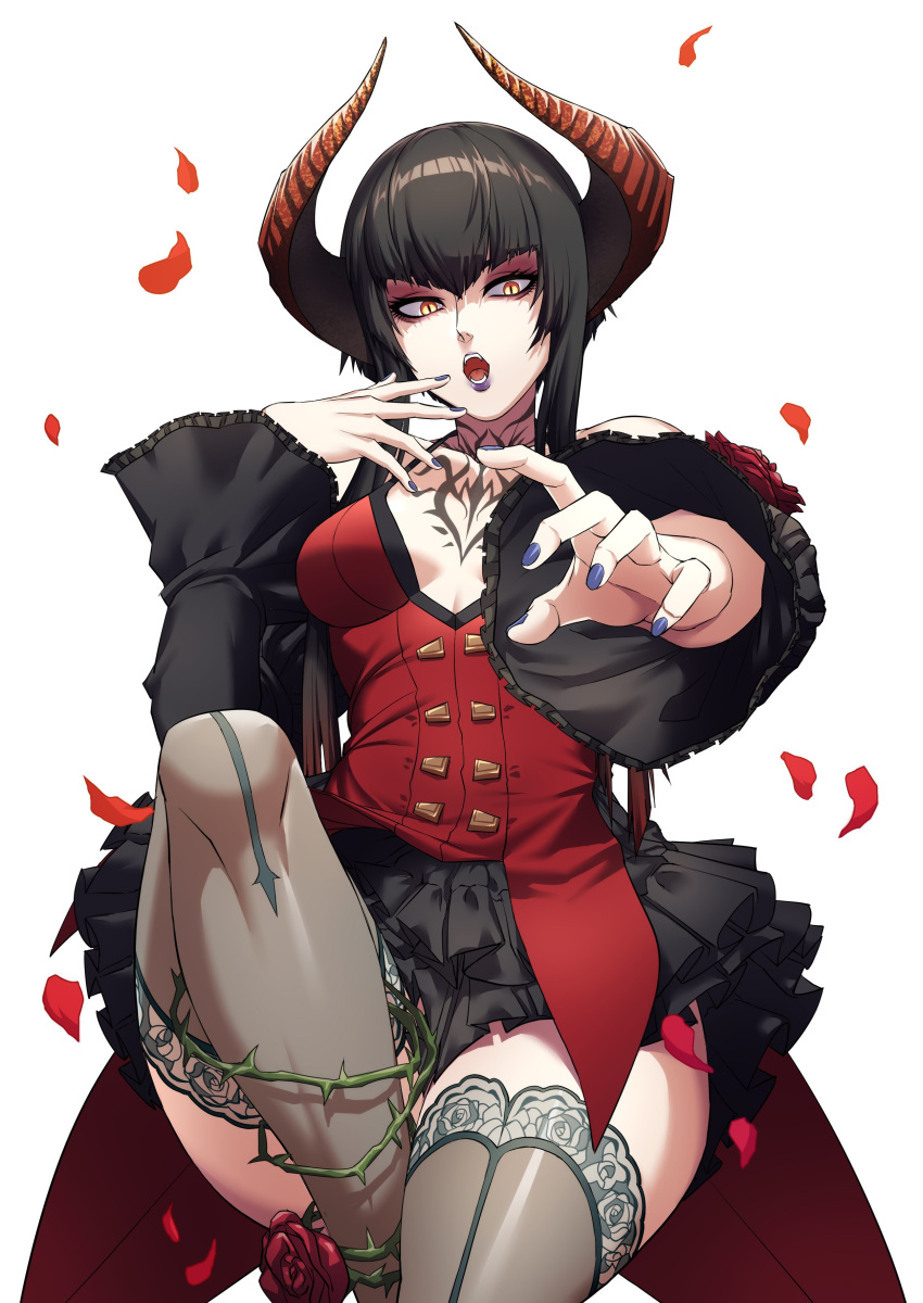 1girl absurdres bangs black_hair black_sleeves breasts chest_tattoo collarbone demon_horns detached_sleeves dress eliza_(tekken) eyeliner flower highres horns houjoh_(7th-heaven) invisible_chair lace lace-trimmed_legwear lipstick looking_at_viewer makeup medium_breasts nail_polish namco no_bra open_mouth outstretched_arm pale_skin petals plunging_neckline purple_lipstick purple_nails red_dress rose sheer_legwear short_hair_with_long_locks sitting slit_pupils solo spaghetti_strap tattoo tekken tekken_7 thigh-highs thighs thorns vampire white_background