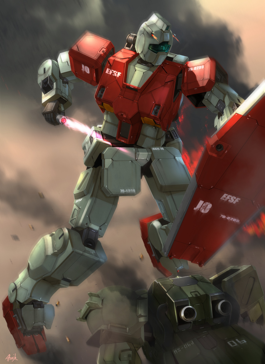 absurdres atsajh beam_saber firing gm_(mobile_suit) gundam highres holding holding_shield holding_sword holding_weapon kicking looking_down mecha mobile_suit_gundam no_humans shield solo_focus sword visor weapon zaku zeon