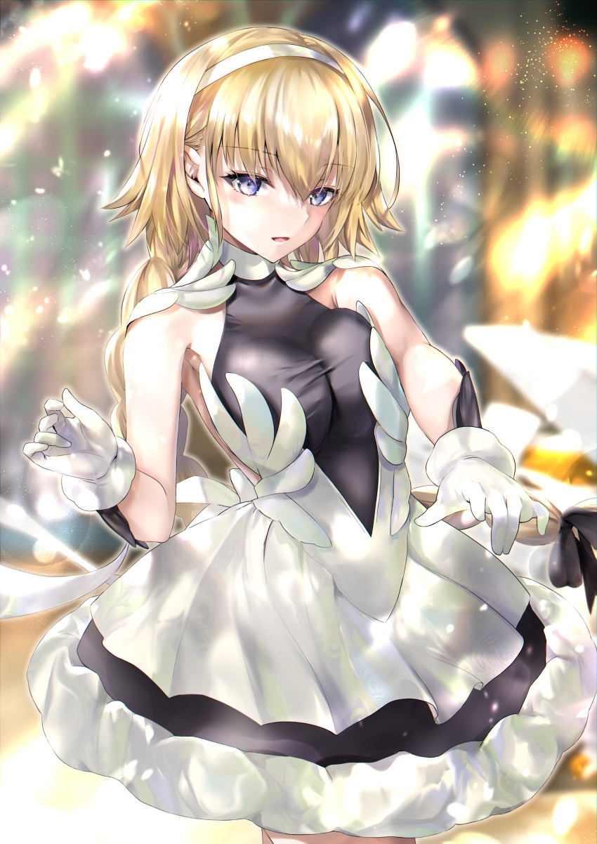 absurdres bangs bare_shoulders blonde_hair blush braid braided_ponytail breasts dress fate/apocrypha fate_(series) gloves hairband hane_yuki highres huge_filesize jeanne_d'arc_(fate) jeanne_d'arc_(fate)_(all) large_breasts long_hair looking_at_viewer open_mouth parted_lips single_braid very_long_hair violet_eyes white_dress white_gloves
