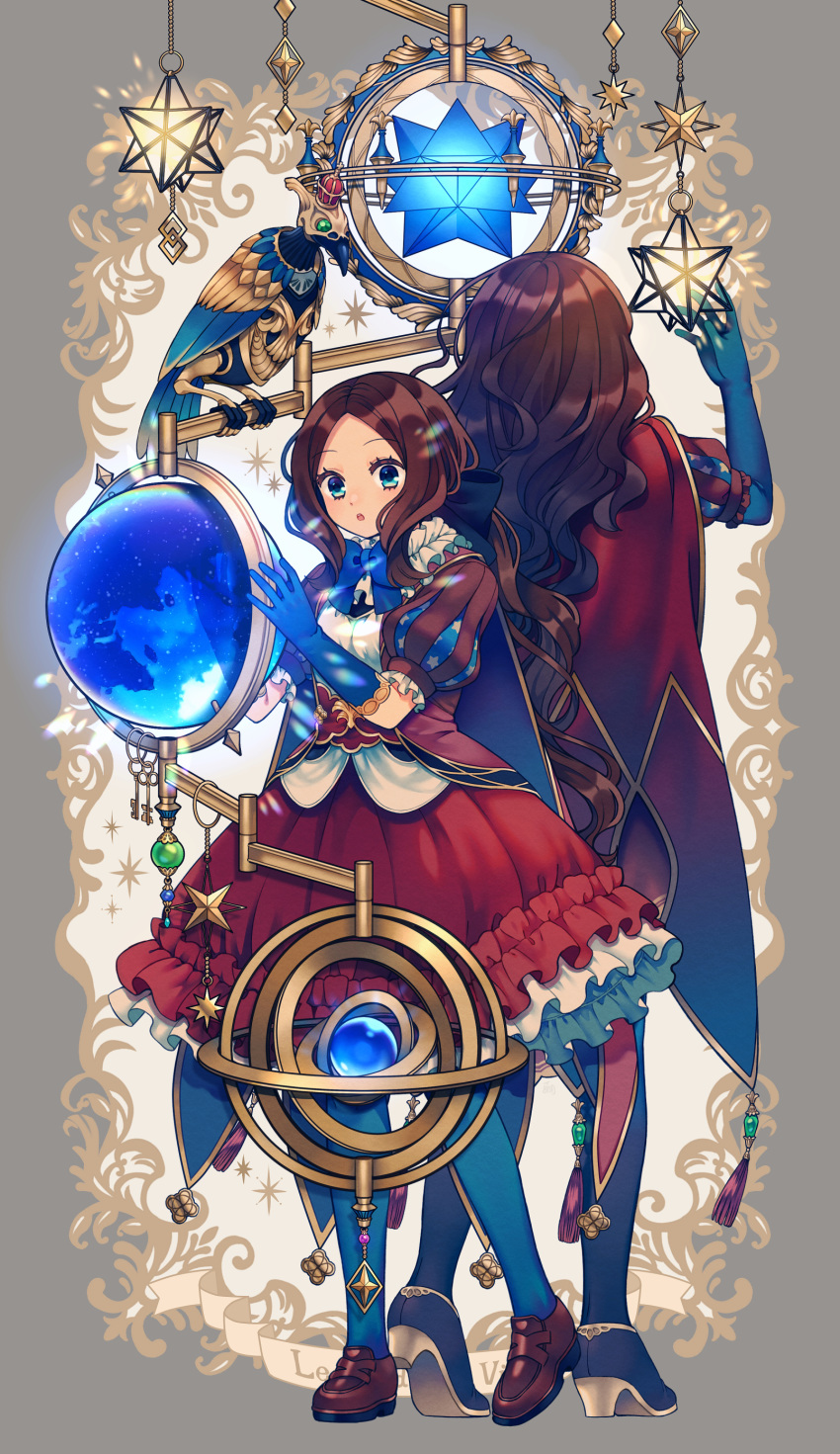 2girls absurdres bangs bird blue_eyes bow breasts brown_hair dress dual_persona edward-el fate/grand_order fate/grand_order_arcade fate_(series) forehead globe gloves hair_bow highres leonardo_da_vinci_(fate/grand_order) leonardo_da_vinci_(rider)_(fate) long_hair multiple_girls open_mouth pantyhose parted_bangs ponytail puff_and_slash_sleeves puffy_short_sleeves puffy_sleeves saint_quartz short_hair short_sleeves skirt small_breasts