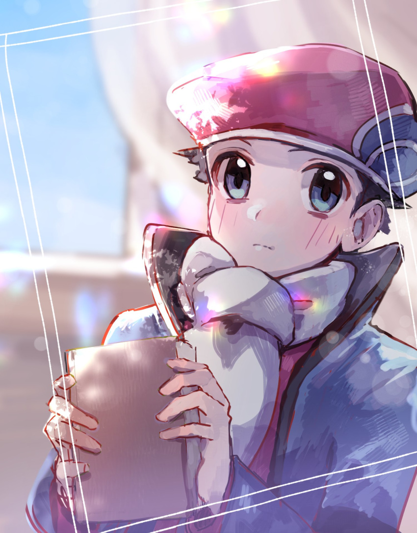 1boy black_hair blue_jacket blush book closed_mouth commentary_request hands_up hanenbo hat highres holding holding_book jacket long_sleeves lucas_(pokemon) pokemon pokemon_(game) pokemon_dppt pokemon_platinum popped_collar red_headwear scarf sketch solo white_scarf winter_clothes