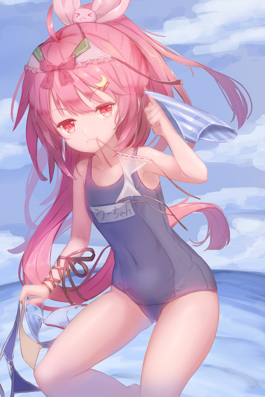 1girl :3 ahoge alternate_costume bra bra_on_head bunny_hair_ornament covered_navel crescent crescent_hair_ornament hair_ornament highres holding holding_clothes holding_panties holding_underwear jitome kantai_collection logiclr long_hair mouth_hold object_on_head ocean outdoors panties pink_hair red_eyes school_swimsuit smug solo striped striped_panties swimsuit underwear uzuki_(kantai_collection)